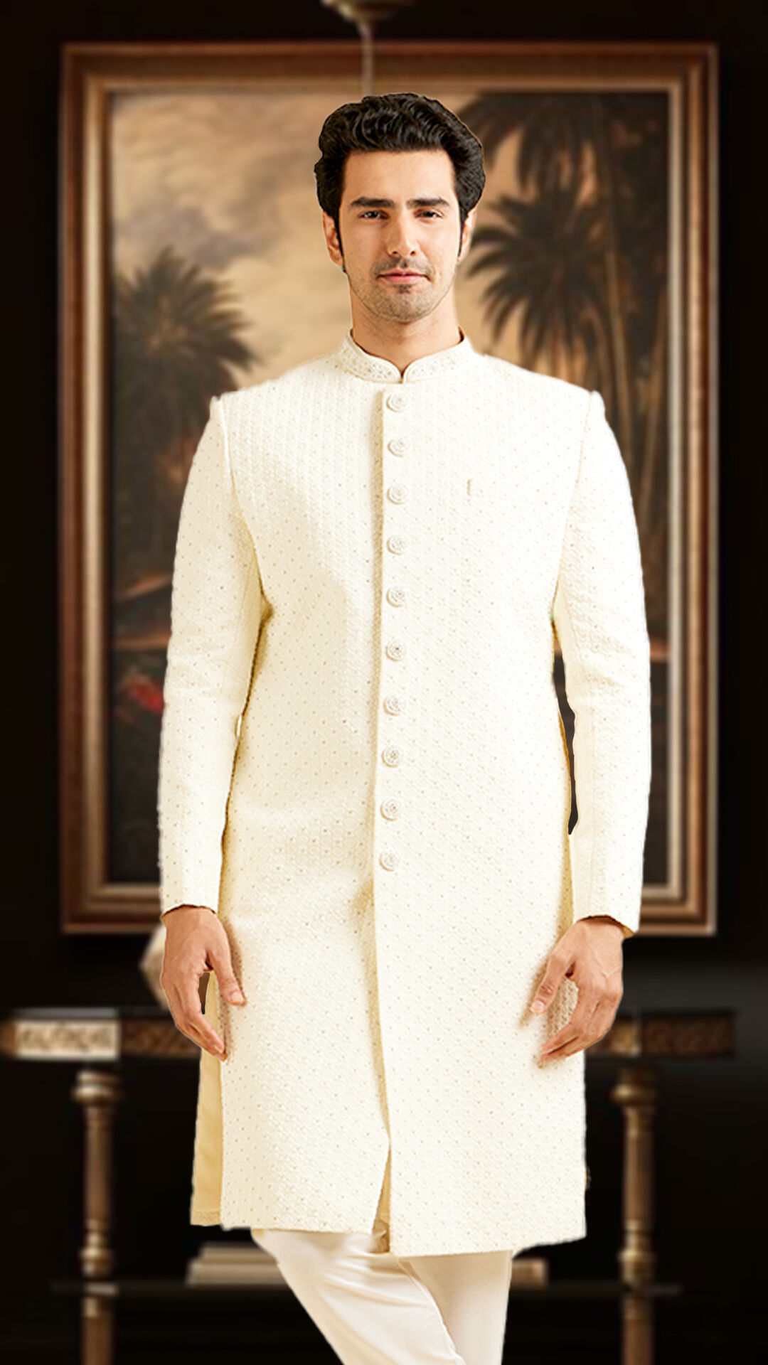 A groom wearing elegant white sherwani for his wedding